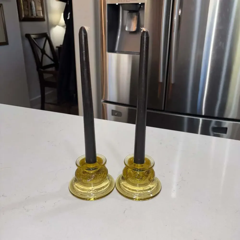 Vintage Federal Glass Madrid Amber Yellow Depression Glass Candle Holder Pair